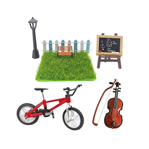 Accesorios de Casa de Muñecas, Miniatura Casa de Muñecas para Jardín, Violín, Bicicleta, Tablero de Dibujo, Caballete, Farola, Banco, Césped, Valla, Juego de Decoración de Mini Casa de MuñEcas