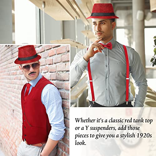 Accesorios de Hombre de 1920 Disfraces Ropa de Gatsby Gángster Atuendo de Cosplay Halloween con Chaleco Sombrero de Fieltro Reloj de Bolsillo Tirantes Corbata (XL, Rojo Vino)