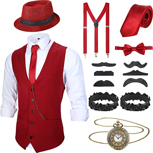 Accesorios de Hombre de 1920 Disfraces Ropa de Gatsby Gángster Atuendo de Cosplay Halloween con Chaleco Sombrero de Fieltro Reloj de Bolsillo Tirantes Corbata (XL, Rojo Vino)