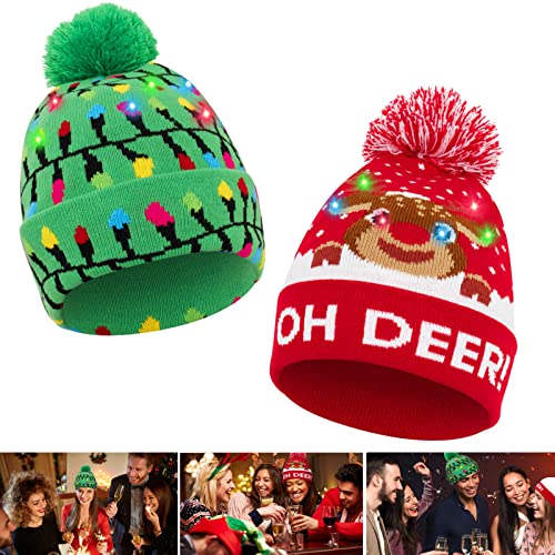 Achort Sombrero LED Light Up Sombrero Beanie Gorro Sombrero 6 LED Christmas Christmas Hat Sombrero de Sombrero de Nieve Invernal Sombrero Feo Sombrero Beanie Cap para Niños Niñas (Negro y Verde)