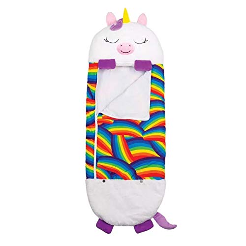 Acptxvh Bolso de Dormir 2 en 1, Bolsa Plegable Suave Juego de Almohada Animal de una Pieza Dormir, Bolsa con niños para Acampar Viajar al Aire Libre 150 cm,White Unicorn