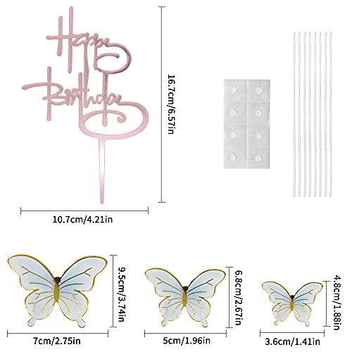 Adornos para Tartas, 16 Adornos para Tartas de Cumpleaños con Forma de Mariposa con Adorno para Tarta de Feliz Cumpleaños, Púas para Cupcakes de Mariposas para Fiestas de Cumpleaños, Bodas