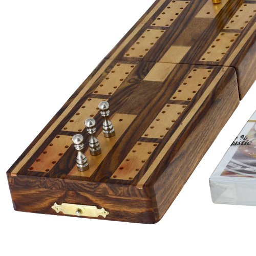 Ajuny Juego de Mesa Tradicional de Madera Cribbage con Clavijas de Metal y Tarjetas con área de Almacenamiento Tamaño de Tablero 5x3,25x2 Pulgadas