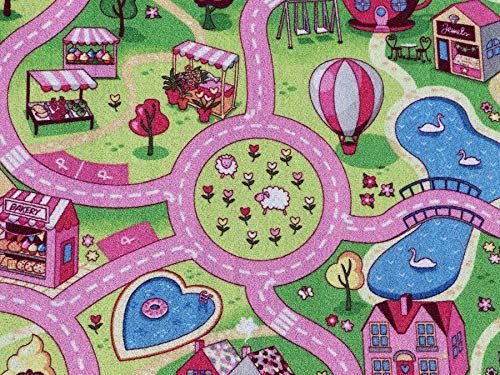 Alfombra Infantil Niña Ciudad Rosa 160cm x 200cm, Alfombra Coches Circuito | Alfombra Carretera Jugar