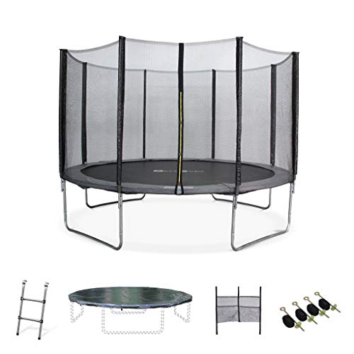 Alice's Garden Cama elástica, Trampolín de 370 cm, aguanta hasta 150 kg (Estructura Reforzada). Incluye: Escalera + Funda Protectora + Bolsillo para Zapatos+ Kit de Anclaje - Saturn XXL