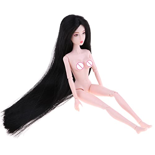 Almencla Muñeca BJD 1/6, Tono de Piel Rosa, Cuerpo Desnudo, Modelo de Niña con Pelo Negro Liso