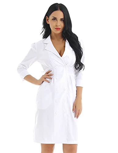 Alvivi Cosplay Disfraces de Enfermera Chica Mujer Vestido Blanco Traje de Médico Abrigo Uniforme Hospital Sanitario Bata de Laboratorio Adulto Disfraz de Fiesta Halloween Carnaval Blanco Medium