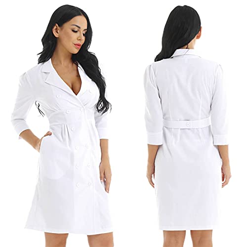 Alvivi Cosplay Disfraces de Enfermera Chica Mujer Vestido Blanco Traje de Médico Abrigo Uniforme Hospital Sanitario Bata de Laboratorio Adulto Disfraz de Fiesta Halloween Carnaval Blanco Medium