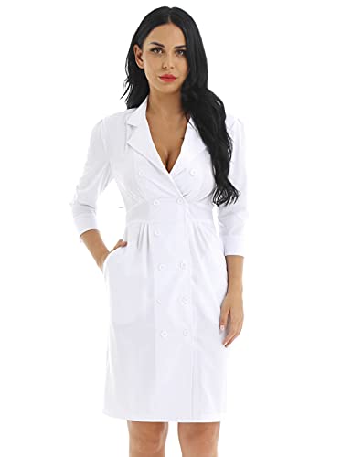 Alvivi Cosplay Disfraces de Enfermera Chica Mujer Vestido Blanco Traje de Médico Abrigo Uniforme Hospital Sanitario Bata de Laboratorio Adulto Disfraz de Fiesta Halloween Carnaval Blanco Medium