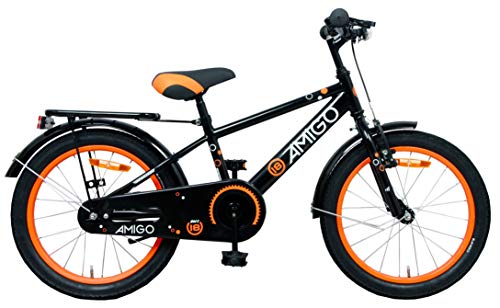 Amigo Sports - Bicicleta Infantil de 18 Pulgadas - para niños de 5 a 8 años - con V-Brake, Freno de Retroceso, Timbre, estándar e iluminación - Negro