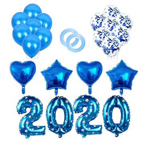 Amosfun 40 Pulgadas 2020 número Globo Conjunto Estrella corazón Papel de Aluminio Globo de Confeti de látex con Cinta para Navidad Festivo Boda cumpleaños (Azul)