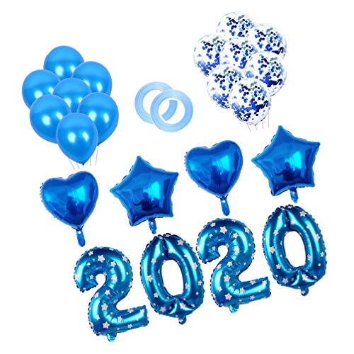 Amosfun 40 Pulgadas 2020 número Globo Conjunto Estrella corazón Papel de Aluminio Globo de Confeti de látex con Cinta para Navidad Festivo Boda cumpleaños (Azul)