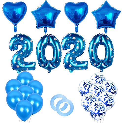 Amosfun 40 Pulgadas 2020 número Globo Conjunto Estrella corazón Papel de Aluminio Globo de Confeti de látex con Cinta para Navidad Festivo Boda cumpleaños (Azul)