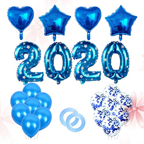 Amosfun 40 Pulgadas 2020 número Globo Conjunto Estrella corazón Papel de Aluminio Globo de Confeti de látex con Cinta para Navidad Festivo Boda cumpleaños (Azul)