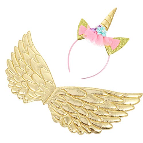 Amosfun Juego de 2 alas de mariposa de hadas brillantes para niñas, juego de disfraz de hada de princesa, alas de ángel, diadema de unicornio, aro para fiestas de cumpleaños, color dorado, dorado, L