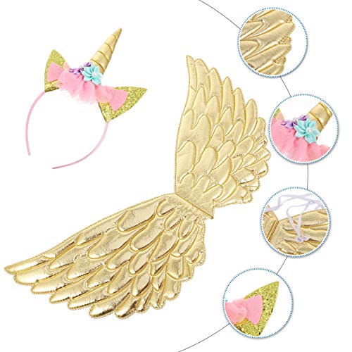 Amosfun Juego de 2 alas de mariposa de hadas brillantes para niñas, juego de disfraz de hada de princesa, alas de ángel, diadema de unicornio, aro para fiestas de cumpleaños, color dorado, dorado, L