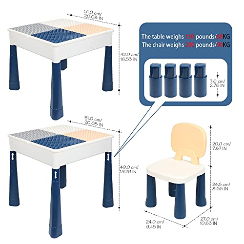 AMOSTING Mesa y Sillas para Niños Azules, Mesa Actividades Ajustable en Altura 100 Piezas Bloques de Construcción para Jugar, Comer, Aprender, Almacenar, Hacer Arena