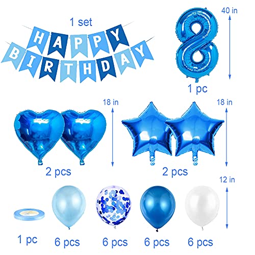 Amycute 8er Decoraciones de Cumpleaños Globos, Feliz Cumpleaños Globos 8 Años Azul, Globos Número 8 Digitales Gigante del Papel de Aluminio, Globos de Confeti de Latex para Fiestas Niños