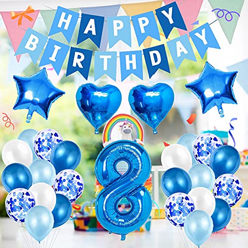 Amycute 8er Decoraciones de Cumpleaños Globos, Feliz Cumpleaños Globos 8 Años Azul, Globos Número 8 Digitales Gigante del Papel de Aluminio, Globos de Confeti de Latex para Fiestas Niños