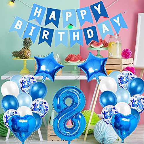 Amycute 8er Decoraciones de Cumpleaños Globos, Feliz Cumpleaños Globos 8 Años Azul, Globos Número 8 Digitales Gigante del Papel de Aluminio, Globos de Confeti de Latex para Fiestas Niños