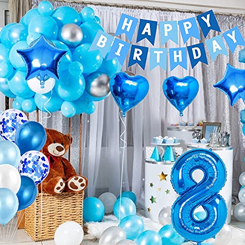 Amycute 8er Decoraciones de Cumpleaños Globos, Feliz Cumpleaños Globos 8 Años Azul, Globos Número 8 Digitales Gigante del Papel de Aluminio, Globos de Confeti de Latex para Fiestas Niños