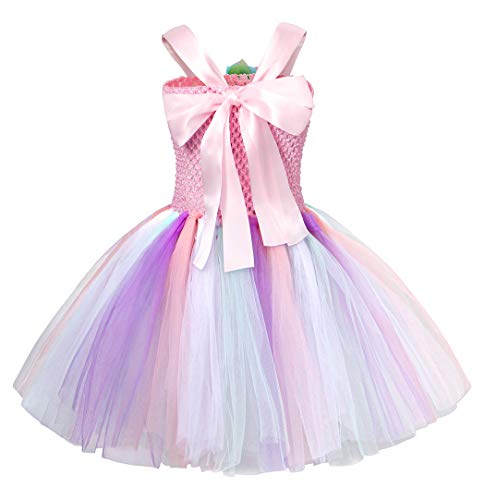 AmzBarley Unicornio Vestidos Cortos Fiesta de Princesa de Tul Tutu con Encaje de Flor sin Mangas para Niña,Disfraz Halloween Princesa con Argolla de Pelo para Boda (6-7 Años, Rosa 2)