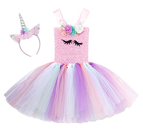 AmzBarley Unicornio Vestidos Cortos Fiesta de Princesa de Tul Tutu con Encaje de Flor sin Mangas para Niña,Disfraz Halloween Princesa con Argolla de Pelo para Boda (6-7 Años, Rosa 2)