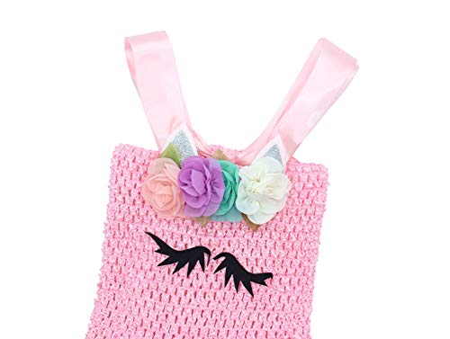 AmzBarley Unicornio Vestidos Cortos Fiesta de Princesa de Tul Tutu con Encaje de Flor sin Mangas para Niña,Disfraz Halloween Princesa con Argolla de Pelo para Boda (6-7 Años, Rosa 2)