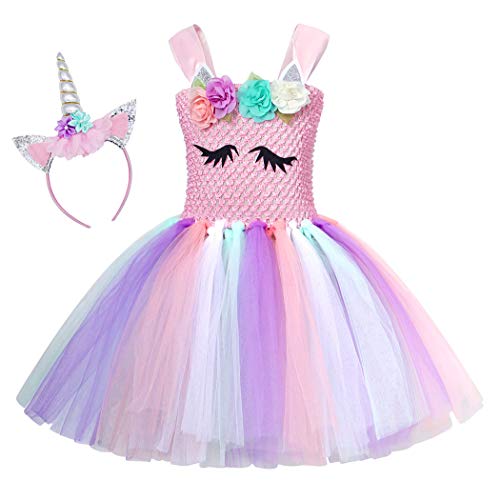 AmzBarley Unicornio Vestidos Cortos Fiesta de Princesa de Tul Tutu con Encaje de Flor sin Mangas para Niña,Disfraz Halloween Princesa con Argolla de Pelo para Boda (6-7 Años, Rosa 2)