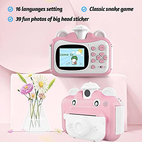 Andoer Cámaras de impresión instantánea de 32GB Cámara para niños Pantalla de 2.4 Pulgadas Grabación de Video 1080P Lente de rotación de 180 ° sin Tinta con Papel de impresión Pink with Card