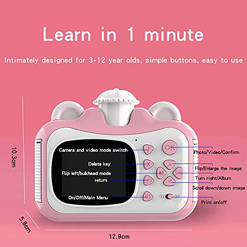 Andoer Cámaras de impresión instantánea de 32GB Cámara para niños Pantalla de 2.4 Pulgadas Grabación de Video 1080P Lente de rotación de 180 ° sin Tinta con Papel de impresión Pink with Card