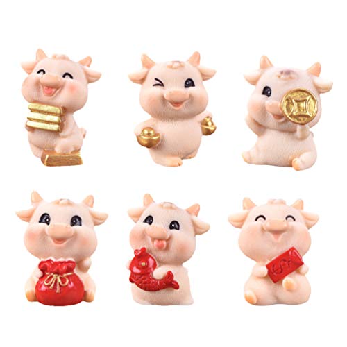 Angoily 6Pcs Miniatura Estatuilla Vaca Buey Feng Shui Zodiaco Chino Año del Buey Año Nuevo Ornamento Hadas Jardín Animales para Micro Paisaje Macetas de Plantas Bonsai Artesanía