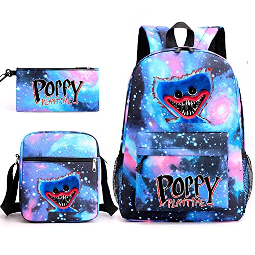 Anjinguang Poppy Playtime Huggy Wuggy - Juego de mochila de 3 piezas, lindo y grande mochila escolar de viaje, bolsa de hombro, estuche escolar para adolescentes