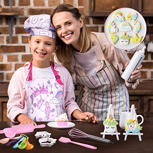 Anpro 27 PCS Kit de Cocina y Horneado para Niños , Juego de Roles para Niños,Chef Set Accesorios de Juego,Regalos para Cumpleaños y Navidad (Rosa, 3-7 años)