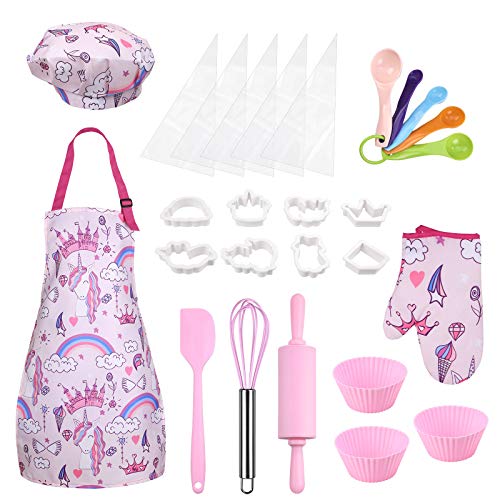 Anpro 27 PCS Kit de Cocina y Horneado para Niños , Juego de Roles para Niños,Chef Set Accesorios de Juego,Regalos para Cumpleaños y Navidad (Rosa, 3-7 años)