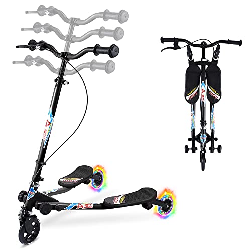 AOODIL Drifting Scooter para niños, 3 Ruedas Plegable Swing Scooters Tri Slider Plegable Push Wiggle con Mango Ajustable y 2 Ruedas LED traseras para niños y niñas de 3 a 10 años