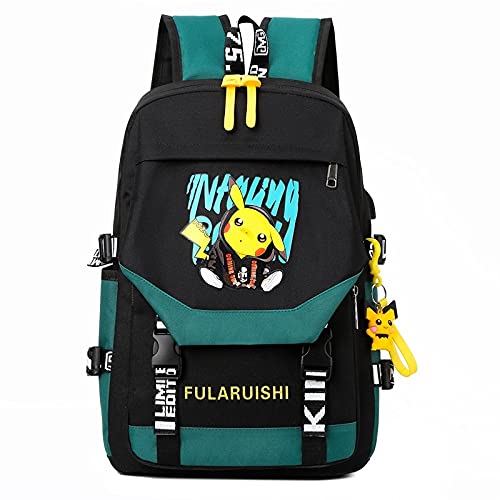 Appiu Modelos creativos de los Muchachos de Secundaria y preparatoria y niñas Cartera de la Historieta Mochila USB de la Marca Tide Viaje Mochila Pikachu (Color : Green)