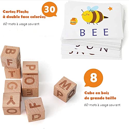 Aprender a leer ingles, alfabeto montessori, Juego educativo, Juegos de Ortografía, Juego Divertido, Juego de Letras de Madera con Tarjetas de Vocabulario, ABC Montessori Regalo para niños 3 4 5 años