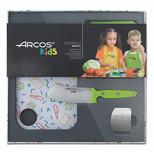 Arcos Kids, Juego de Cocina para niños, Cuchillo infantil + Delantal + Tabla de corte + Protector de dedos, Color Verde