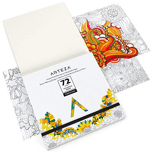 Arteza Libro de colorear para adultos con dibujos de flores, 6.4x6.4" (16,3x16,3 cm), 72 páginas extraíbles, papel de 150 gsm, contornos negros, alivia el estrés coloreando, para hombres y mujeres