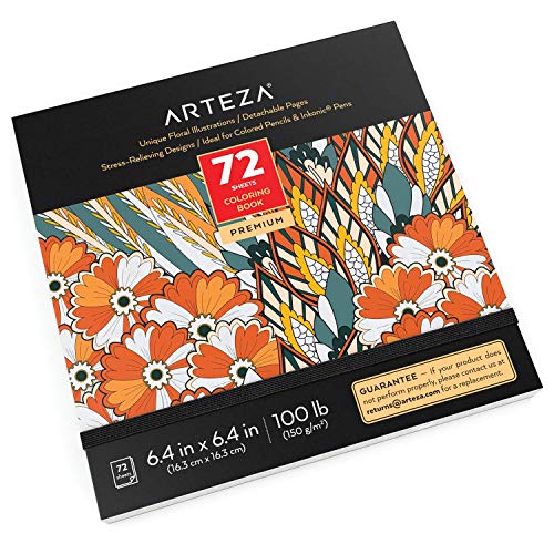 Arteza Libro de colorear para adultos con dibujos de flores, 6.4x6.4" (16,3x16,3 cm), 72 páginas extraíbles, papel de 150 gsm, contornos negros, alivia el estrés coloreando, para hombres y mujeres