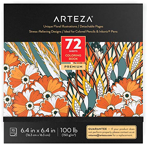 Arteza Libro de colorear para adultos con dibujos de flores, 6.4x6.4" (16,3x16,3 cm), 72 páginas extraíbles, papel de 150 gsm, contornos negros, alivia el estrés coloreando, para hombres y mujeres