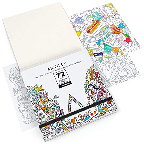 Arteza Libro de colorear para adultos, dibujos para garabatear, tamaño libreta de 16,3 x 16,3 cm, 72 hojas de 150 g/m², ideal para la ansiedad, relájate coloreando, hojas extraíbles