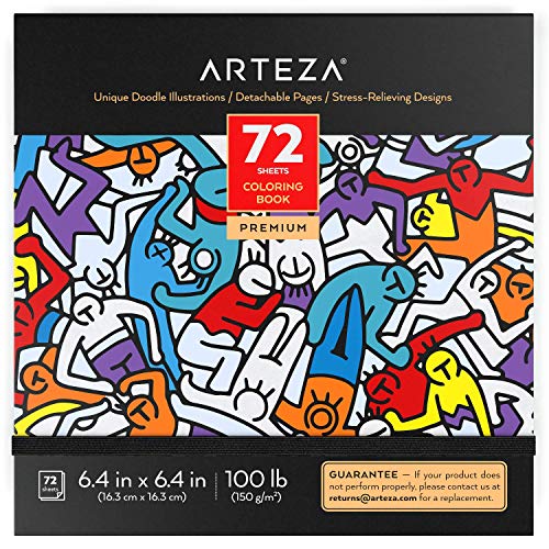 Arteza Libro de colorear para adultos, dibujos para garabatear, tamaño libreta de 16,3 x 16,3 cm, 72 hojas de 150 g/m², ideal para la ansiedad, relájate coloreando, hojas extraíbles