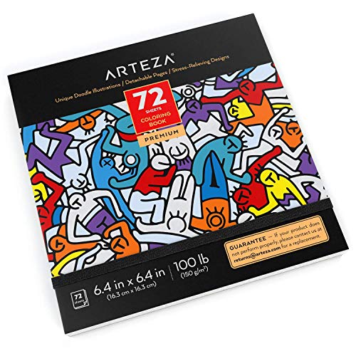 Arteza Libro de colorear para adultos, dibujos para garabatear, tamaño libreta de 16,3 x 16,3 cm, 72 hojas de 150 g/m², ideal para la ansiedad, relájate coloreando, hojas extraíbles