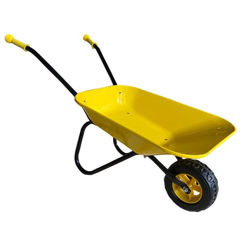 ASC Carretilla de metal para niños, color amarillo y negro, juguete, juego, granja, jardinería