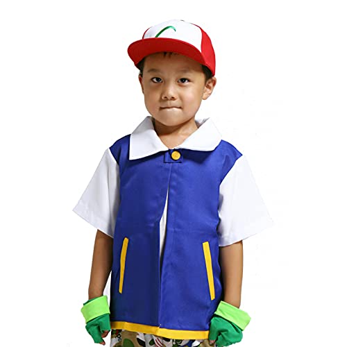 Ash Ketchum Cosplay Anime Chaqueta azul Sombrero Guantes Conjunto Niños Sudadera con capucha Entrenador de fiesta Disfraz de Halloween