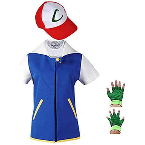 Ash Ketchum Cosplay Anime Chaqueta azul Sombrero Guantes Conjunto Niños Sudadera con capucha Entrenador de fiesta Disfraz de Halloween