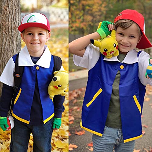 Ash Ketchum Cosplay Anime Chaqueta azul Sombrero Guantes Conjunto Niños Sudadera con capucha Entrenador de fiesta Disfraz de Halloween