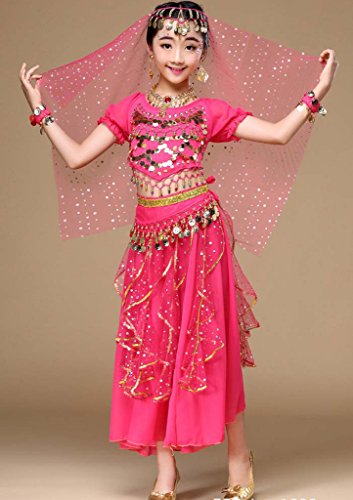 Astage Niña Traje Danza del Vientre Lentejuelas Danza India Halloween Disfraz Rosa Oscura XS